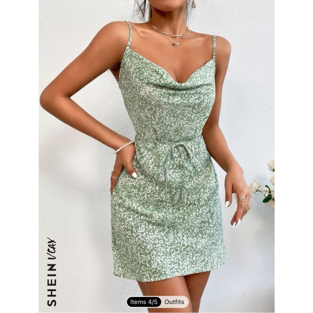 SHEIN VCAY Ditsy Floral Draped Belted Cami Dress green flowers cute feminine sm - Picture 4 of 16